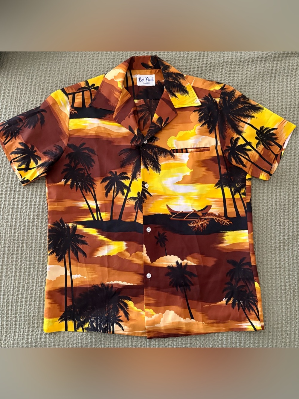 Vintage Men’s Kai‎ Nani Short Sleeve Hawaiian Aloha Button Up Shirt Sunset Canoe